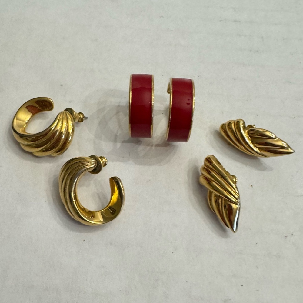 Lot of 3 Pairs Bundle Vintage MONET Estate Pierced Earrings Gold Tone Red Enamel